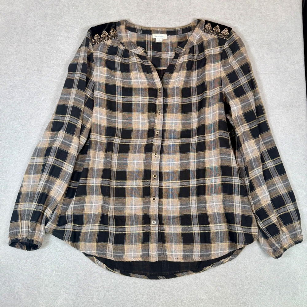 Sundance‎ Regal Cotton Gauze Plaid Shirt Button Up Silk Blend Large Gold Thread